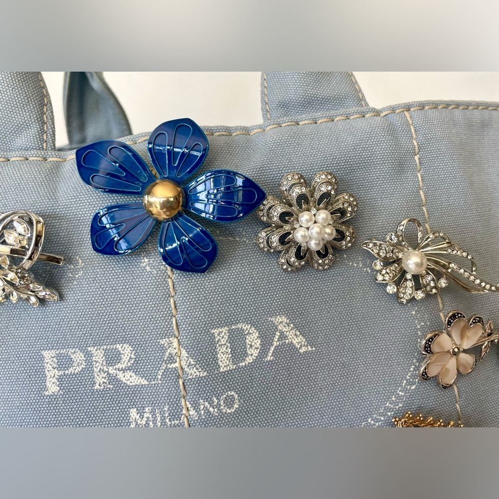 Prada Light Blue Denim Tote, Custom Embellished with 14 Vintage Brooches,16x9x10 - Picture 10 of 16